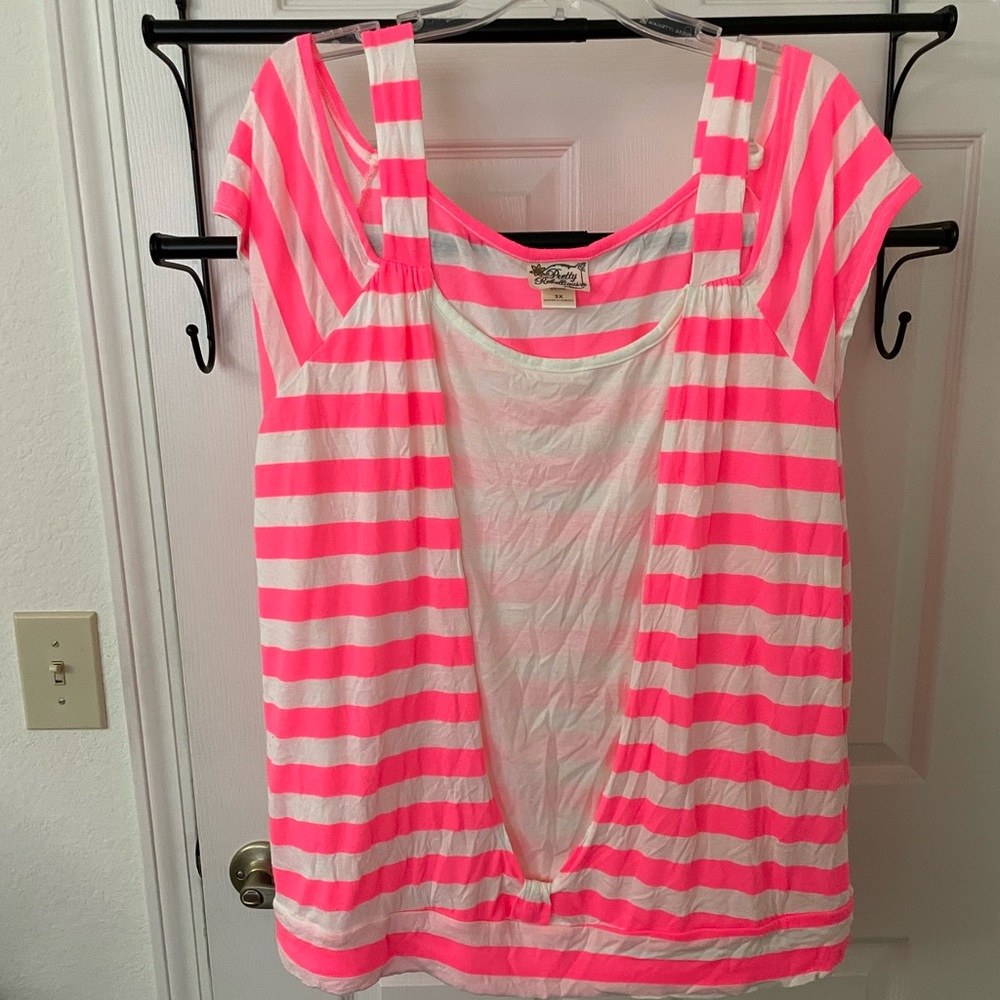 Hot pink striped cold shoulder top